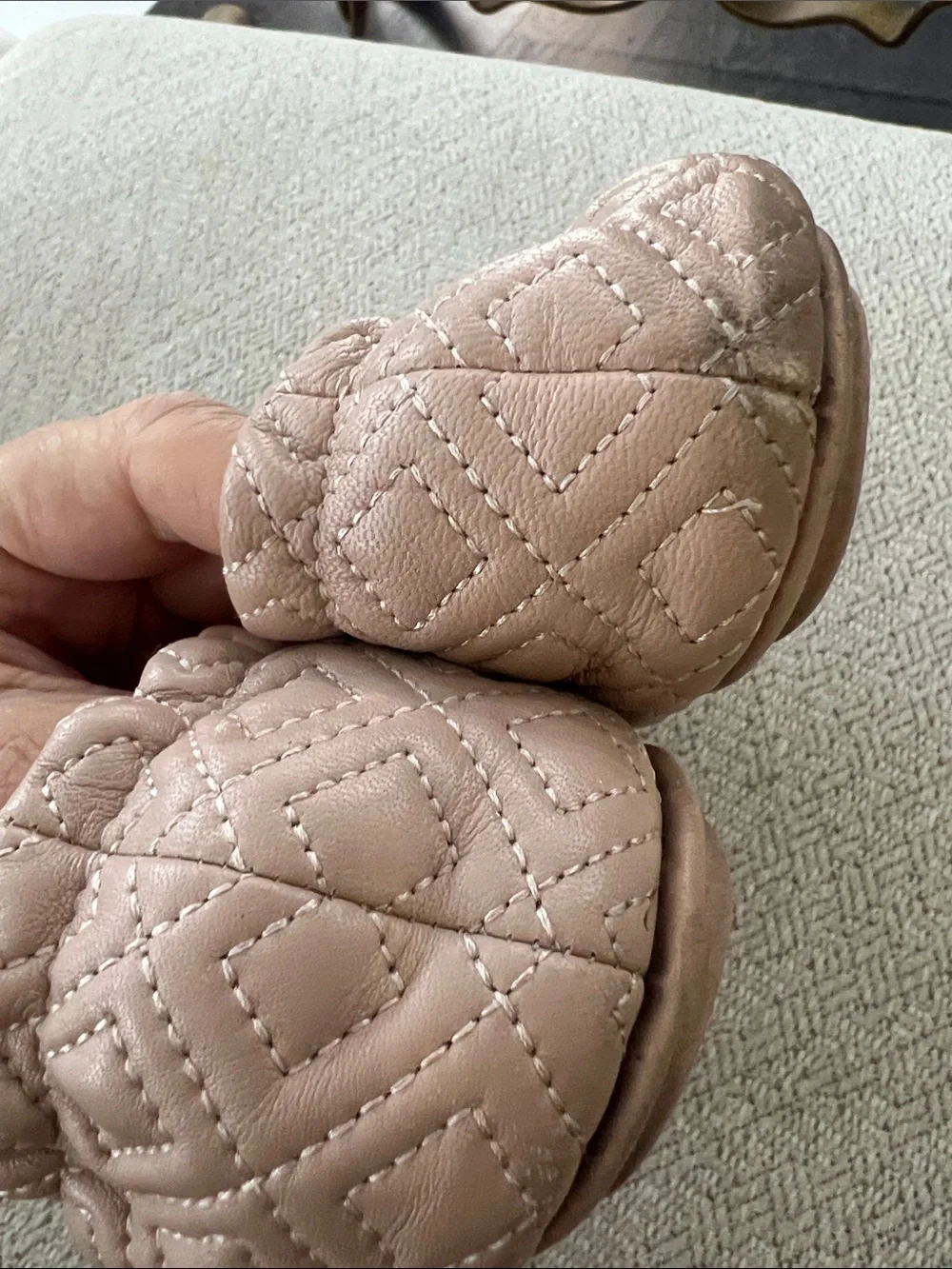 Tory Burch Beige Quilted Ballet Flats with Gold Logo